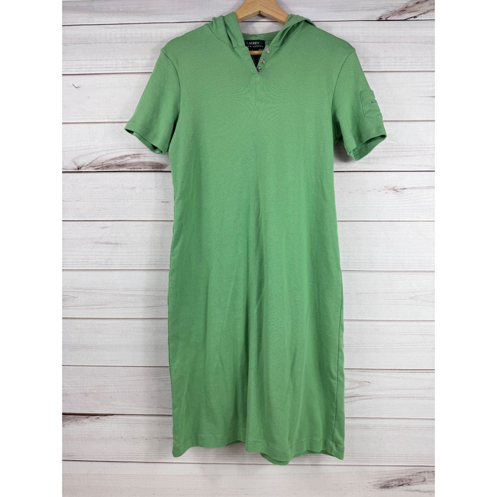 Vintage Lauren‎ Ralph Lauren Women's Green Cotton Knit Hooded Dress L Casual